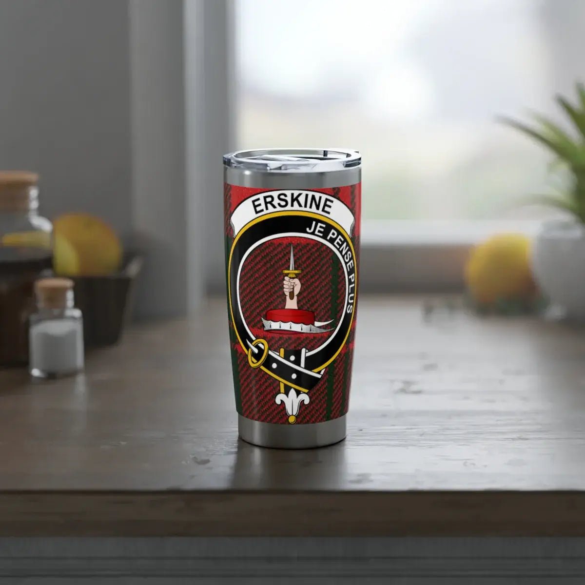 Erskine clan crest insulated tumbler — side view showing tartan and motto Je Pense Plus