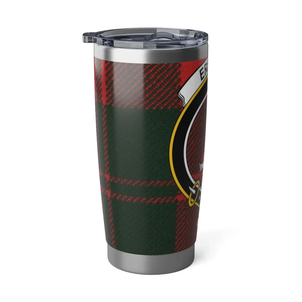 Erskine Scottish tartan tumbler — angled view, spill-resistant lid, cup holder size