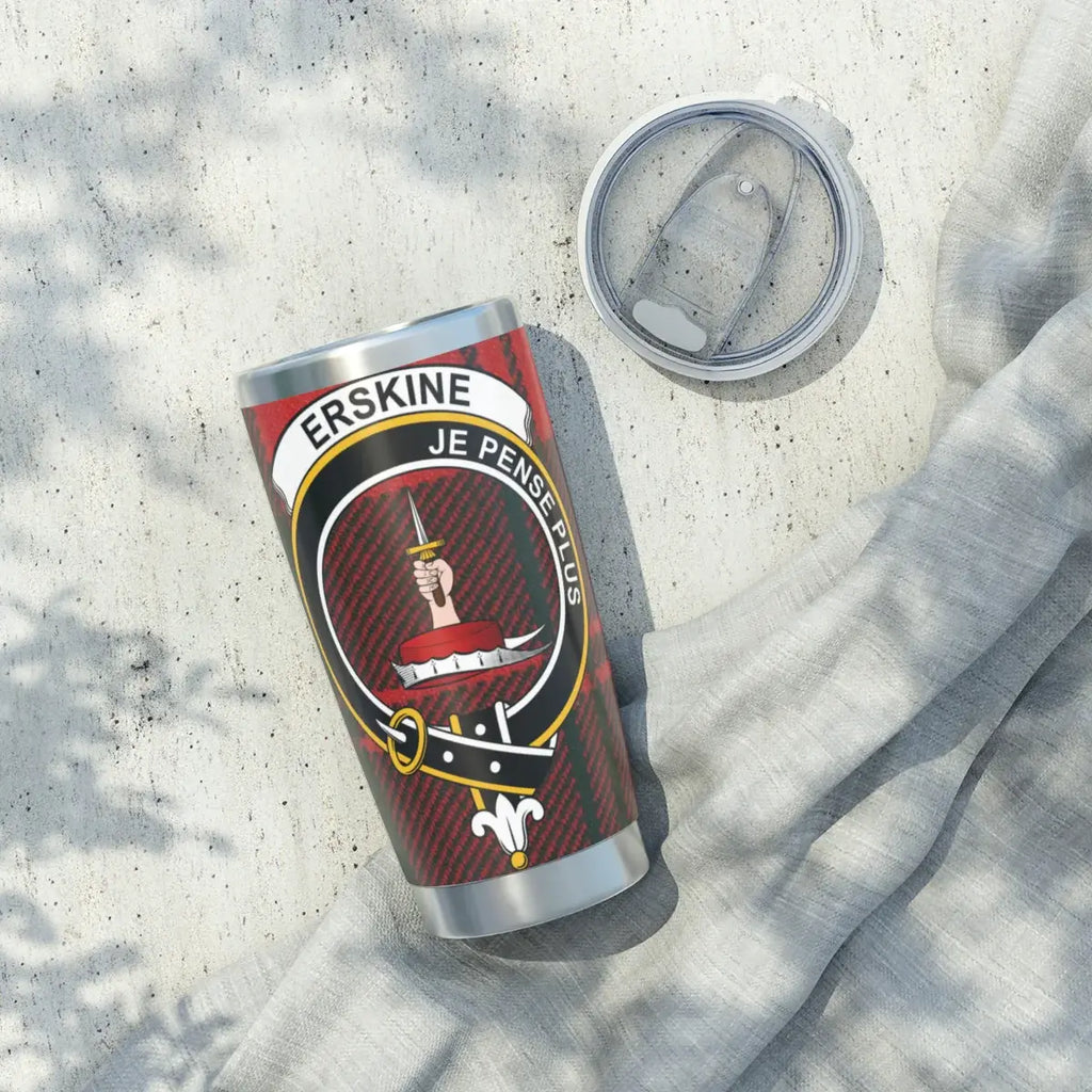 Clan Erskine tumbler close-up — crest and motto Je Pense Plus on stainless steel body