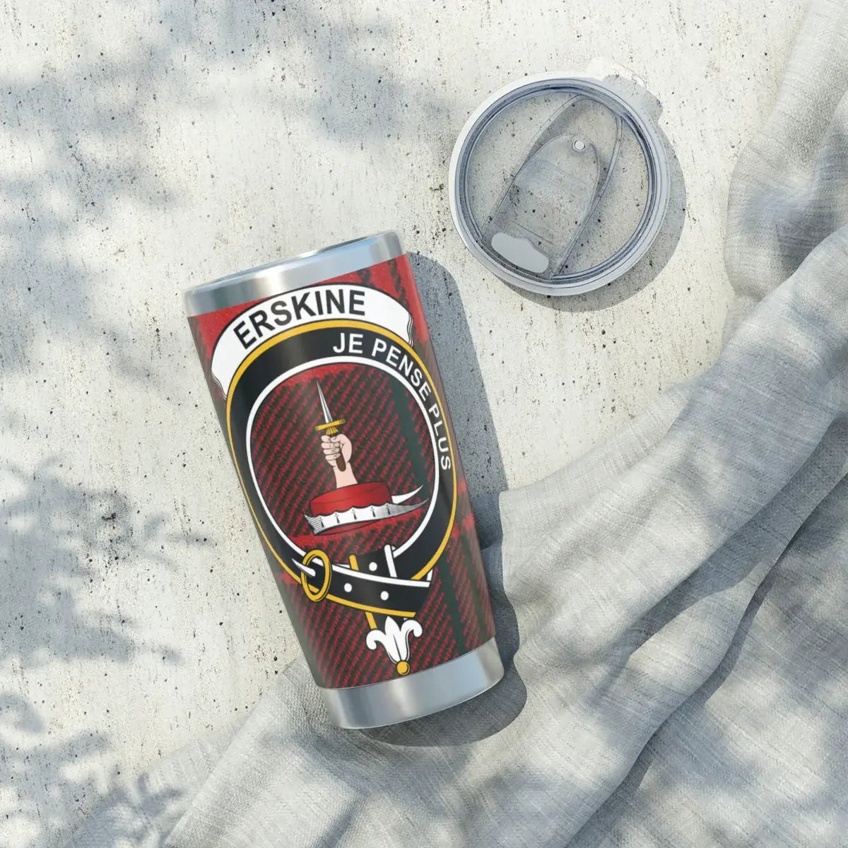 Clan Erskine tumbler close-up — crest and motto Je Pense Plus on stainless steel body