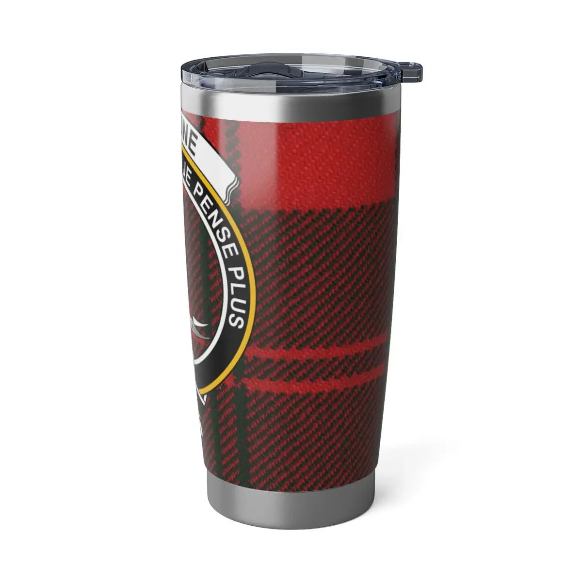 Erskine clan tartan tumbler lifestyle shot — 20oz steel, commuter desk setting