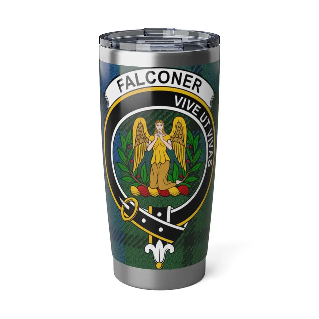 Clan Falconer tartan 20oz stainless steel tumbler — full-colour crest print, silver finish