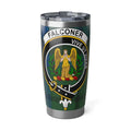 Clan Falconer tartan 20oz stainless steel tumbler — full-colour crest print, silver finish