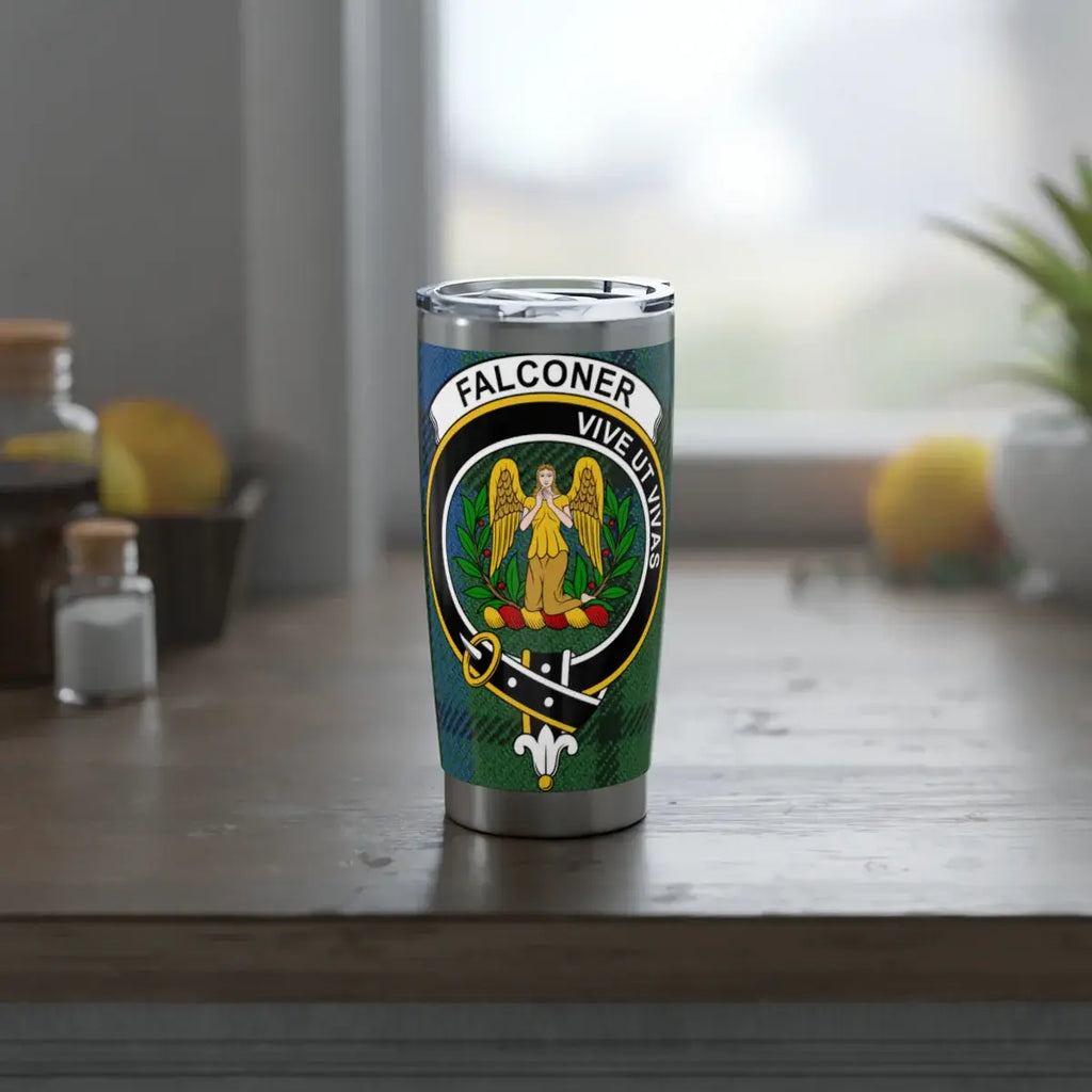 Falconer clan crest insulated tumbler — side view showing tartan and motto Vive Ut Vivas