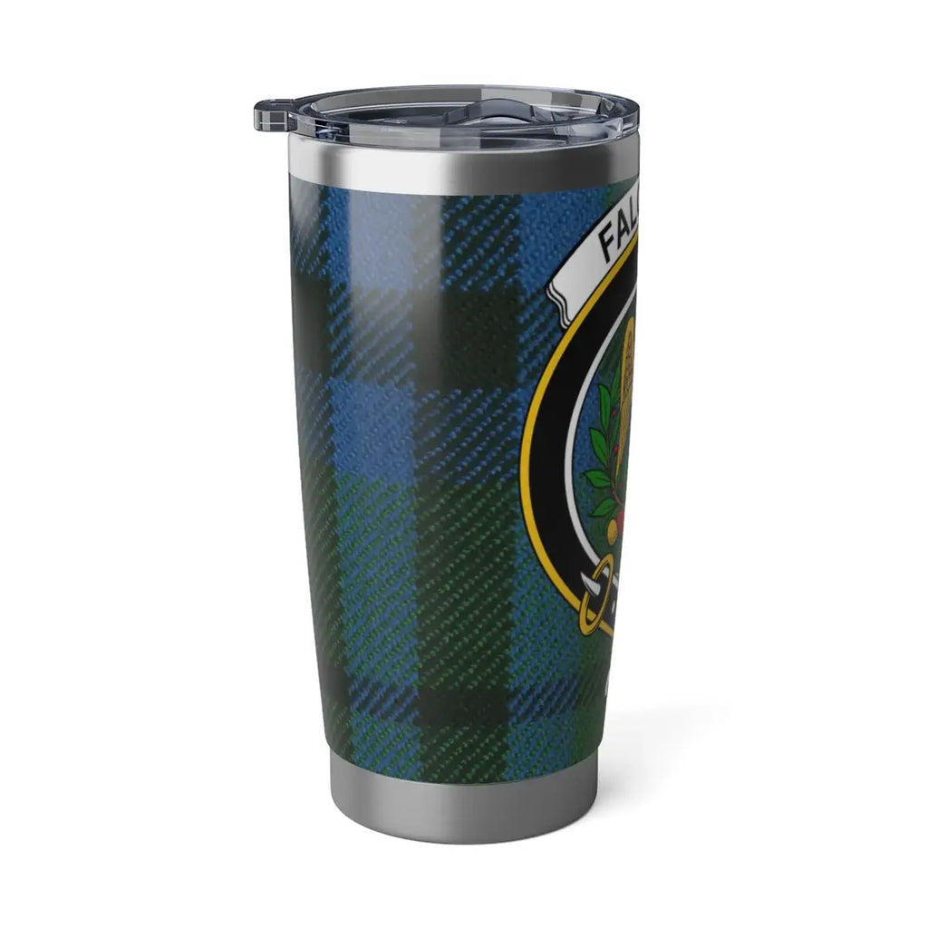 Falconer Scottish tartan tumbler — angled view, spill-resistant lid, cup holder size