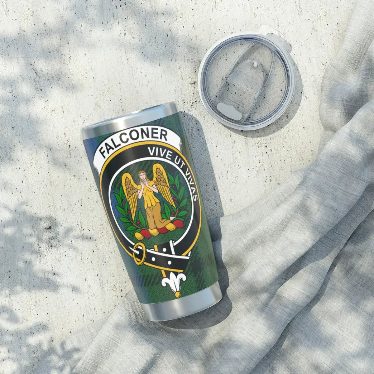 Clan Falconer tumbler close-up — crest and motto Vive Ut Vivas on stainless steel body