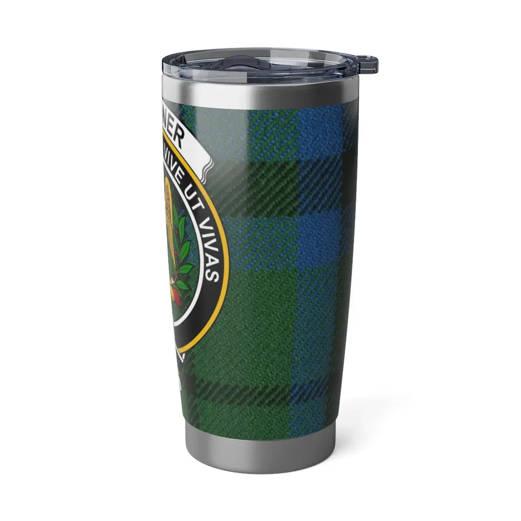 Falconer clan tartan tumbler lifestyle shot — 20oz steel, commuter desk setting