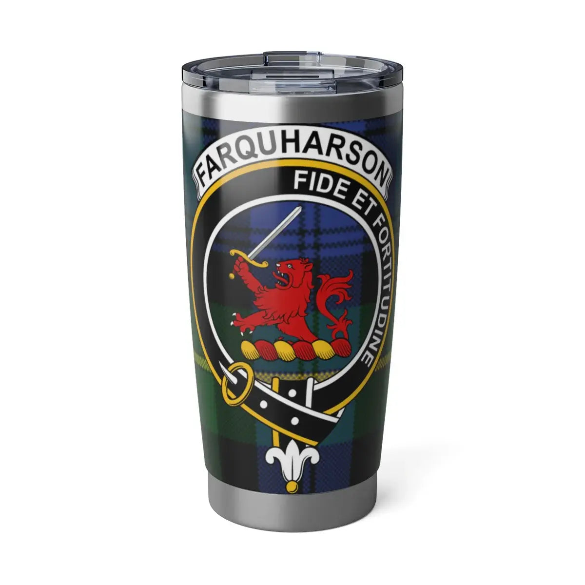 Clan Farquharson tartan 20oz stainless steel tumbler — full-colour crest print, silver finish