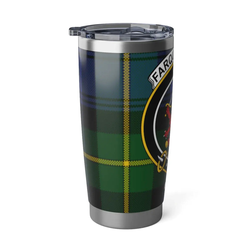 Farquharson Scottish tartan tumbler — angled view, spill-resistant lid, cup holder size