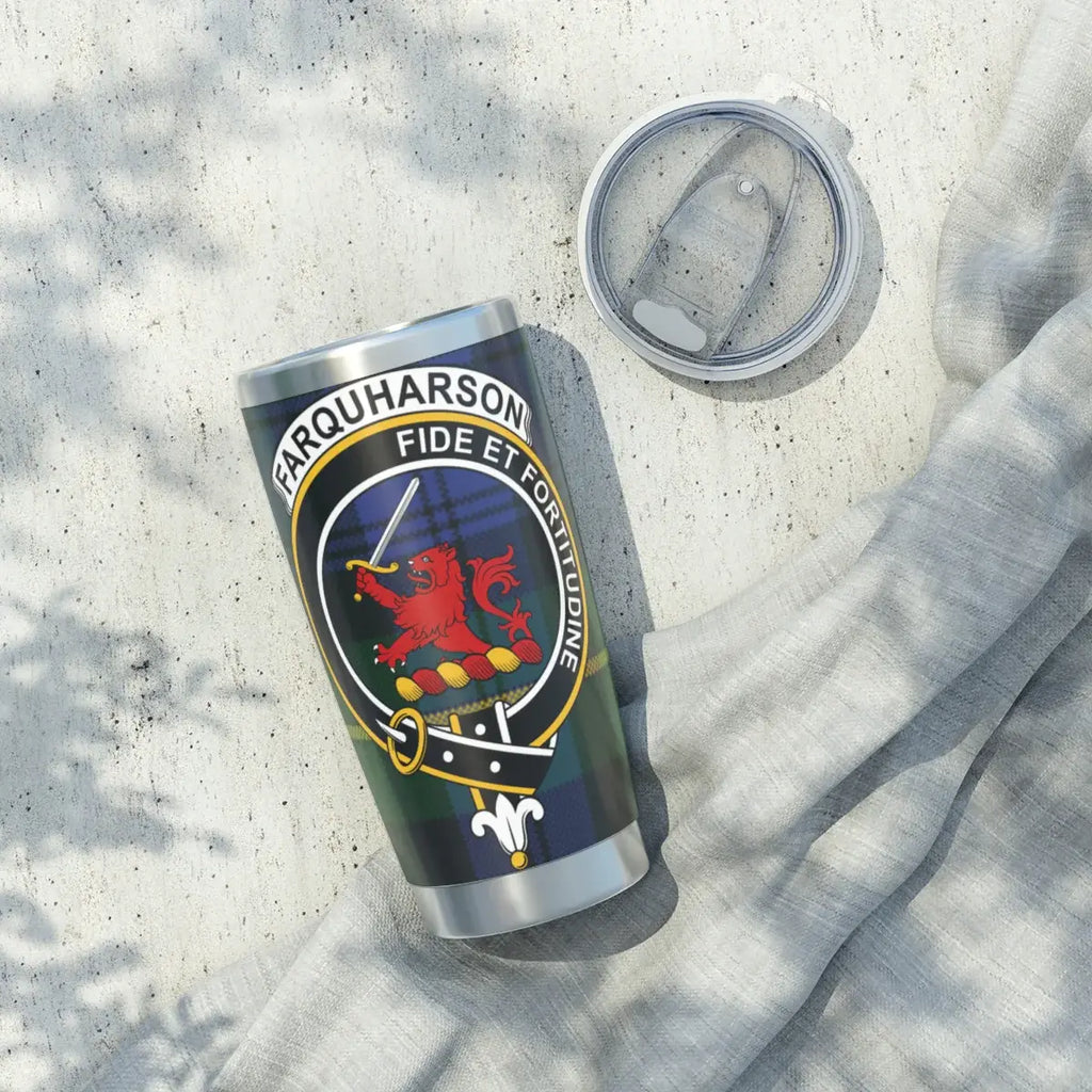 Clan Farquharson tumbler close-up — lion crest and motto Fide et Fortitudine on stainless steel body