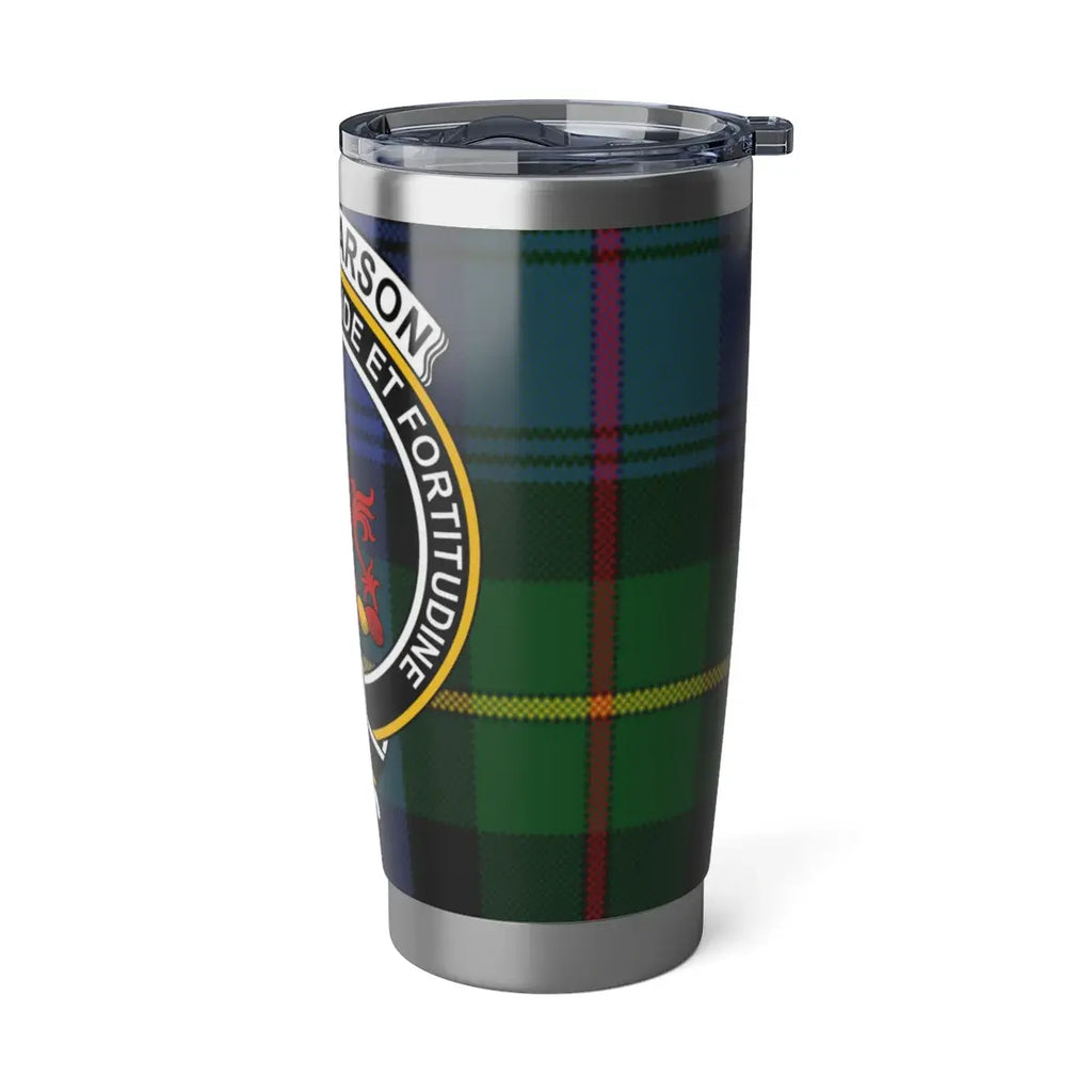 Farquharson clan tartan tumbler lifestyle shot — 20oz steel, commuter desk setting