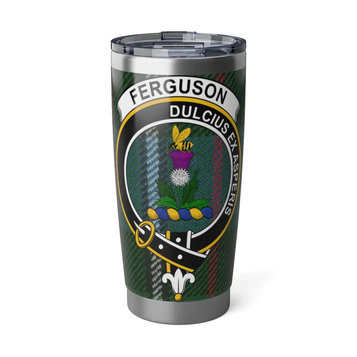 Ferguson clan tartan 20oz tumbler — stainless steel with Dulcius Ex Asperis clan crest design