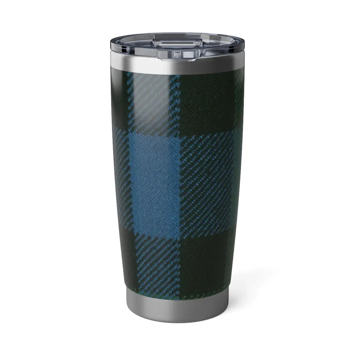 Ferguson clan crest tumbler in hand — blue and green plaid on 20oz insulated stainless steel