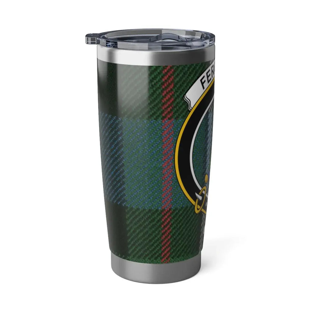Ferguson clan tartan travel tumbler — clan crest on 20oz stainless steel, fits cup holders
