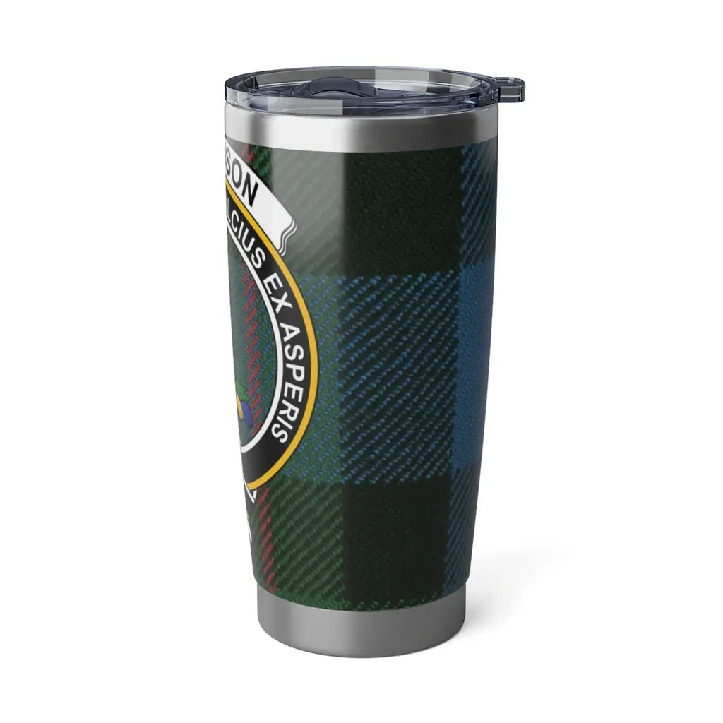 Ferguson clan tartan travel tumbler with lid — 20oz silver, full heraldic crest design
