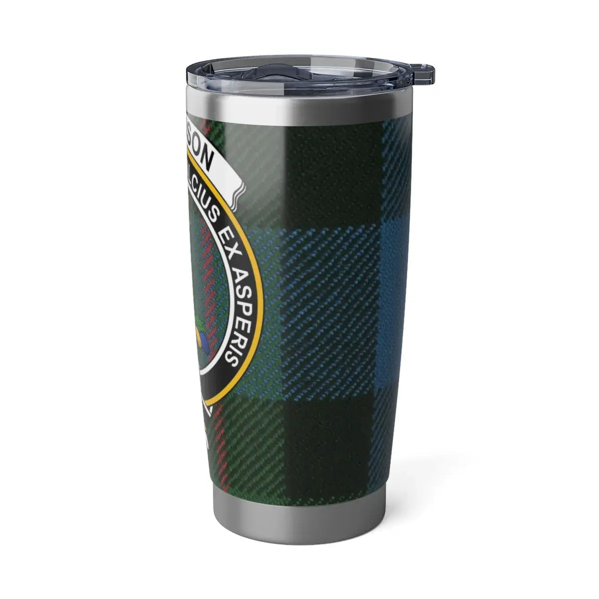 Ferguson clan tartan travel tumbler with lid — 20oz silver, full heraldic crest design