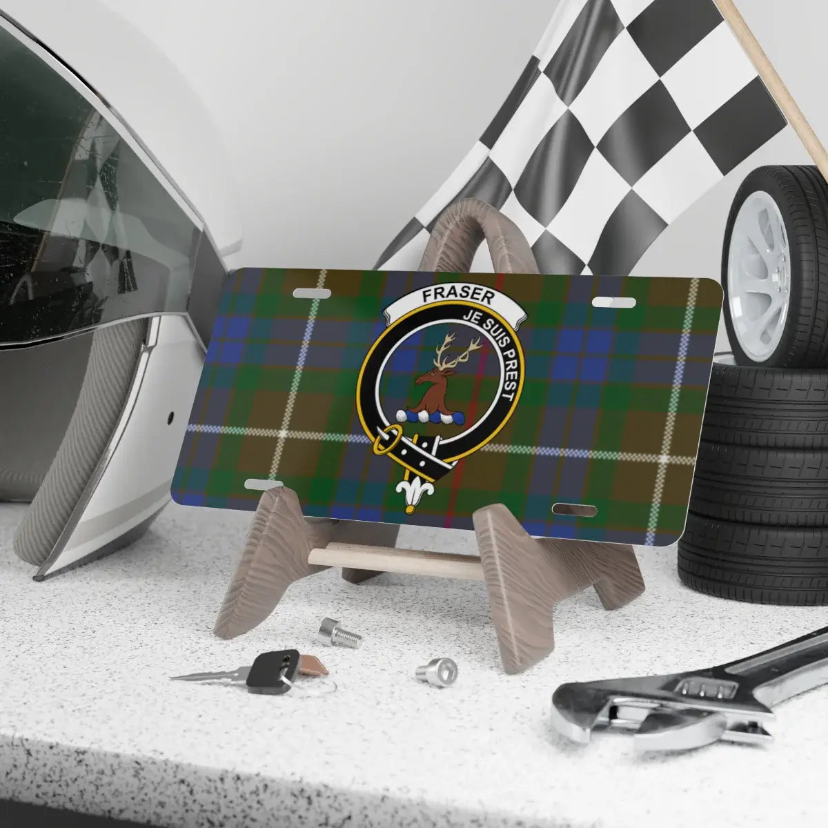 Clan Fraser crest tartan novelty license plate — 12x6 aluminium with Je Suis Prest design