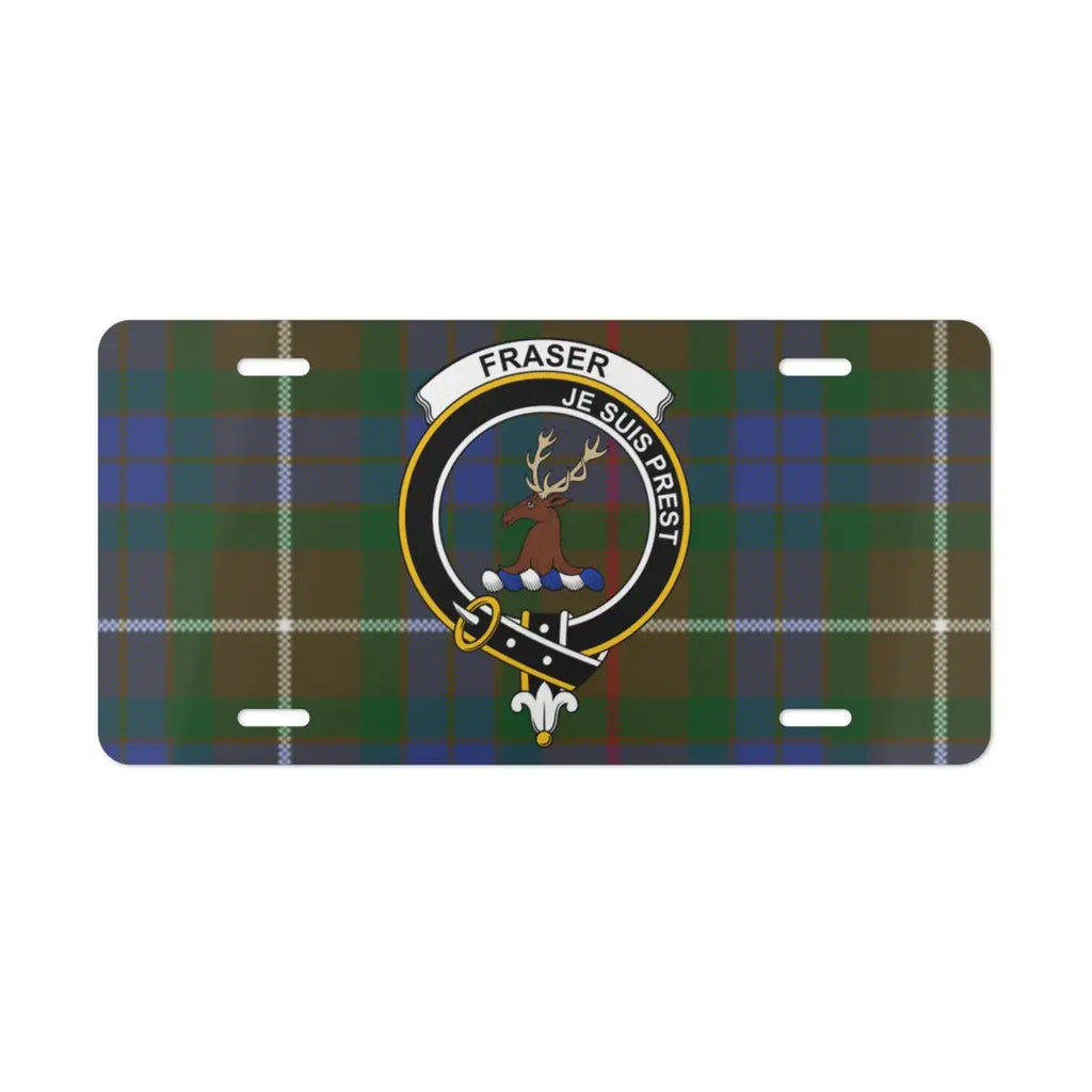 Fraser Je Suis Prest clan crest license plate — red and black tartan, 12x6 aluminium, mounted