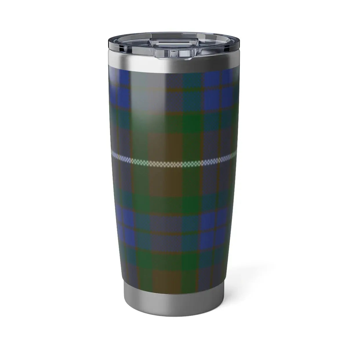 Fraser clan crest on 20oz tumbler — insulated steel with spill-resistant lid, red plaid