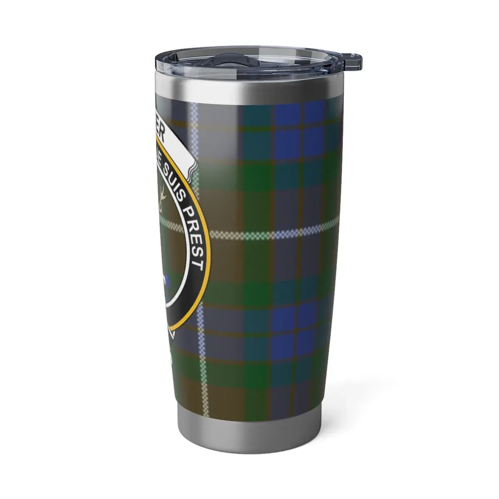 Clan Fraser tartan tumbler product spec — 6.70H x 3.40D, insulated, hand wash only
