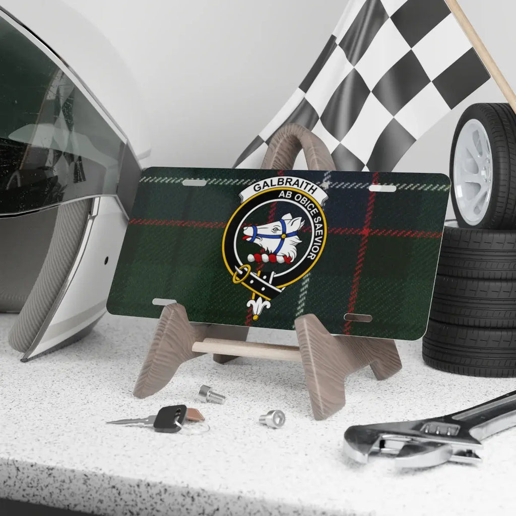 Clan Galbraith crest ancient tartan novelty license plate — bear head crest and Ab Obice Saevior motto on aluminium