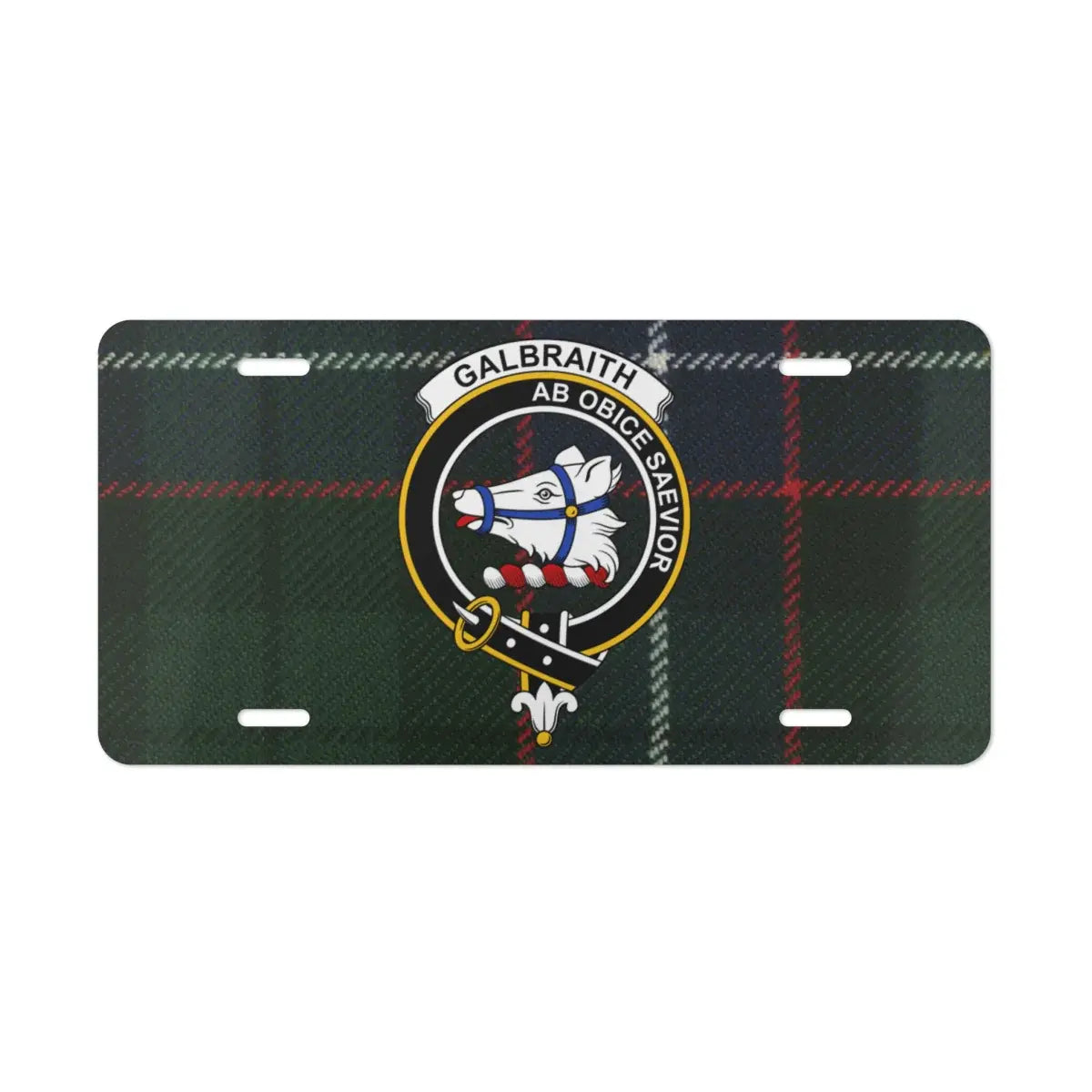 Galbraith ancient tartan license plate — front view showing clan crest and tartan on white aluminium