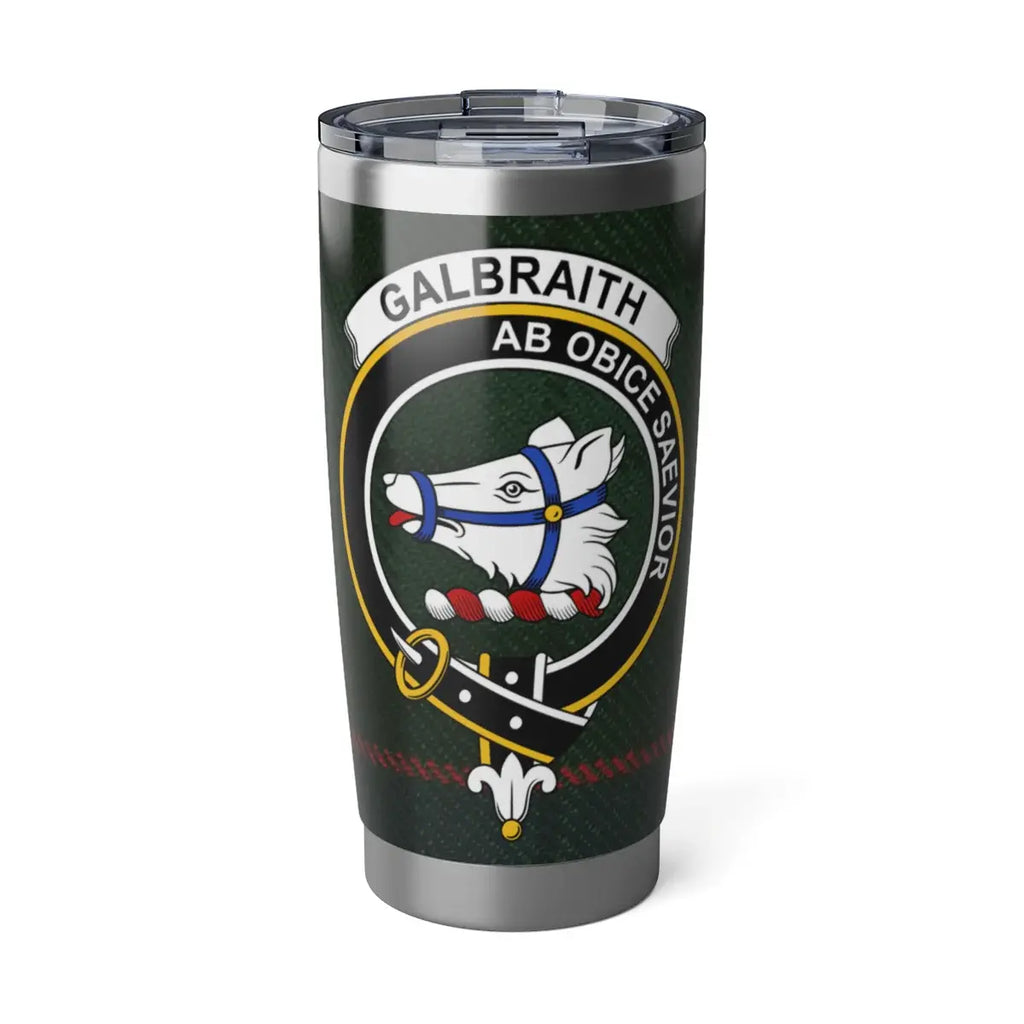Clan Galbraith tartan crest stainless steel tumbler — 20oz insulated with bear head crest and Ab Obice Saevior motto