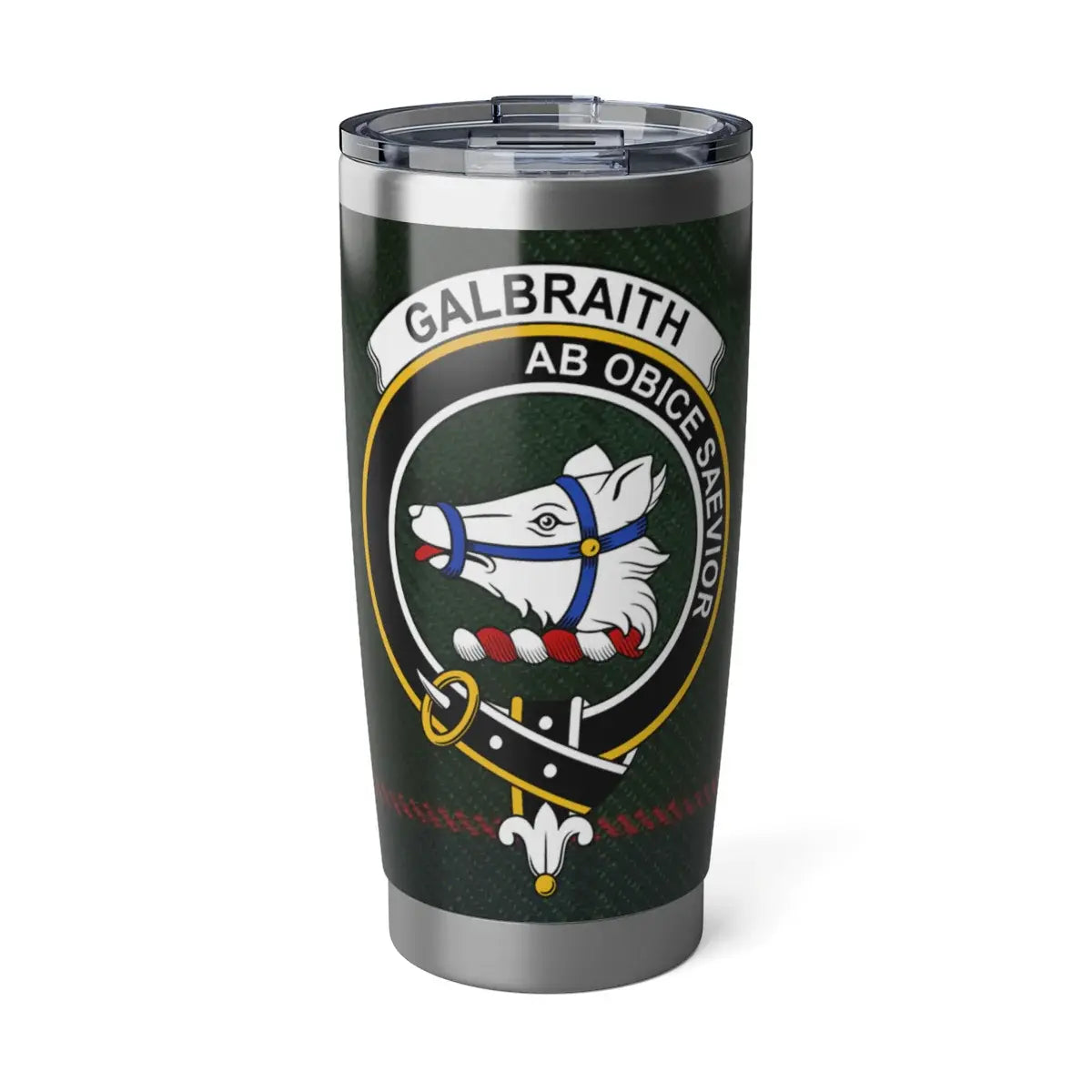 Clan Galbraith tartan crest stainless steel tumbler — 20oz insulated with bear head crest and Ab Obice Saevior motto