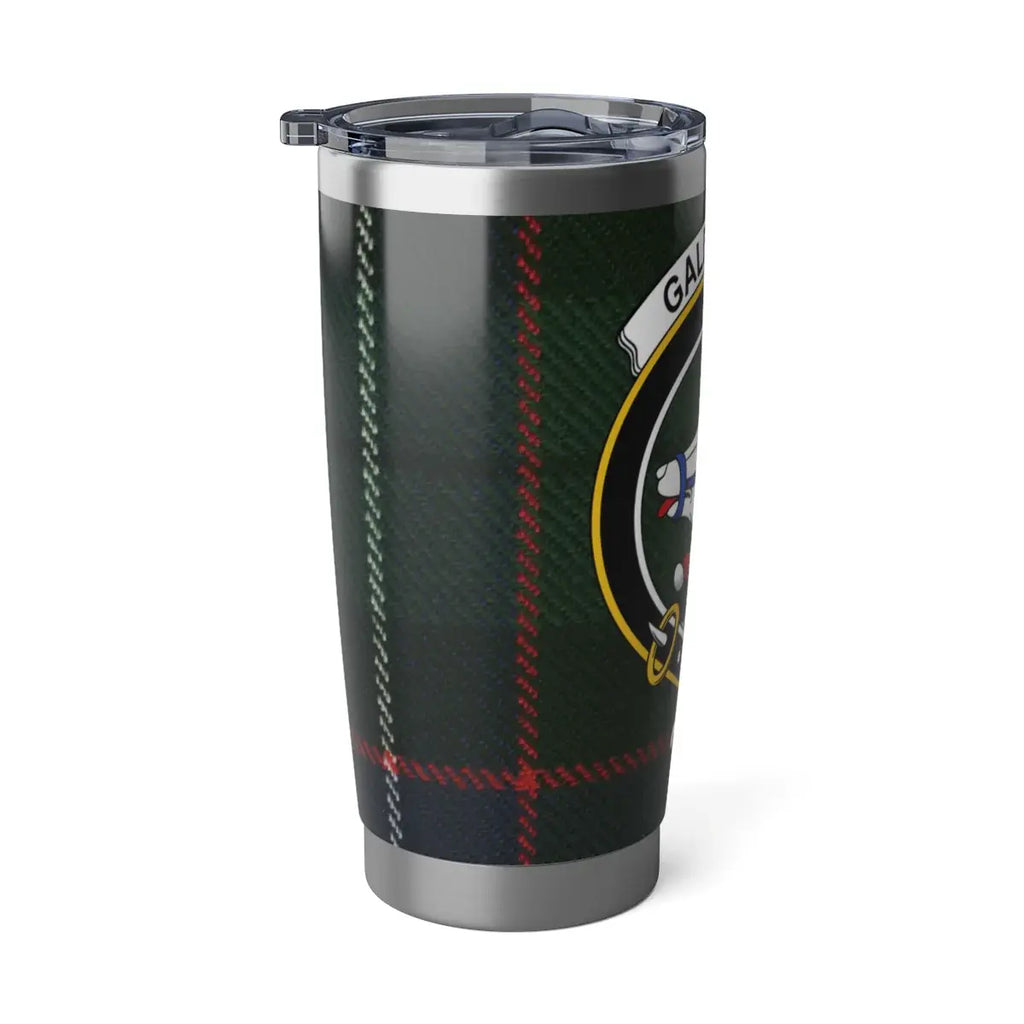Galbraith crest insulated tumbler — shown in cup holder, 20oz double-wall steel with lid