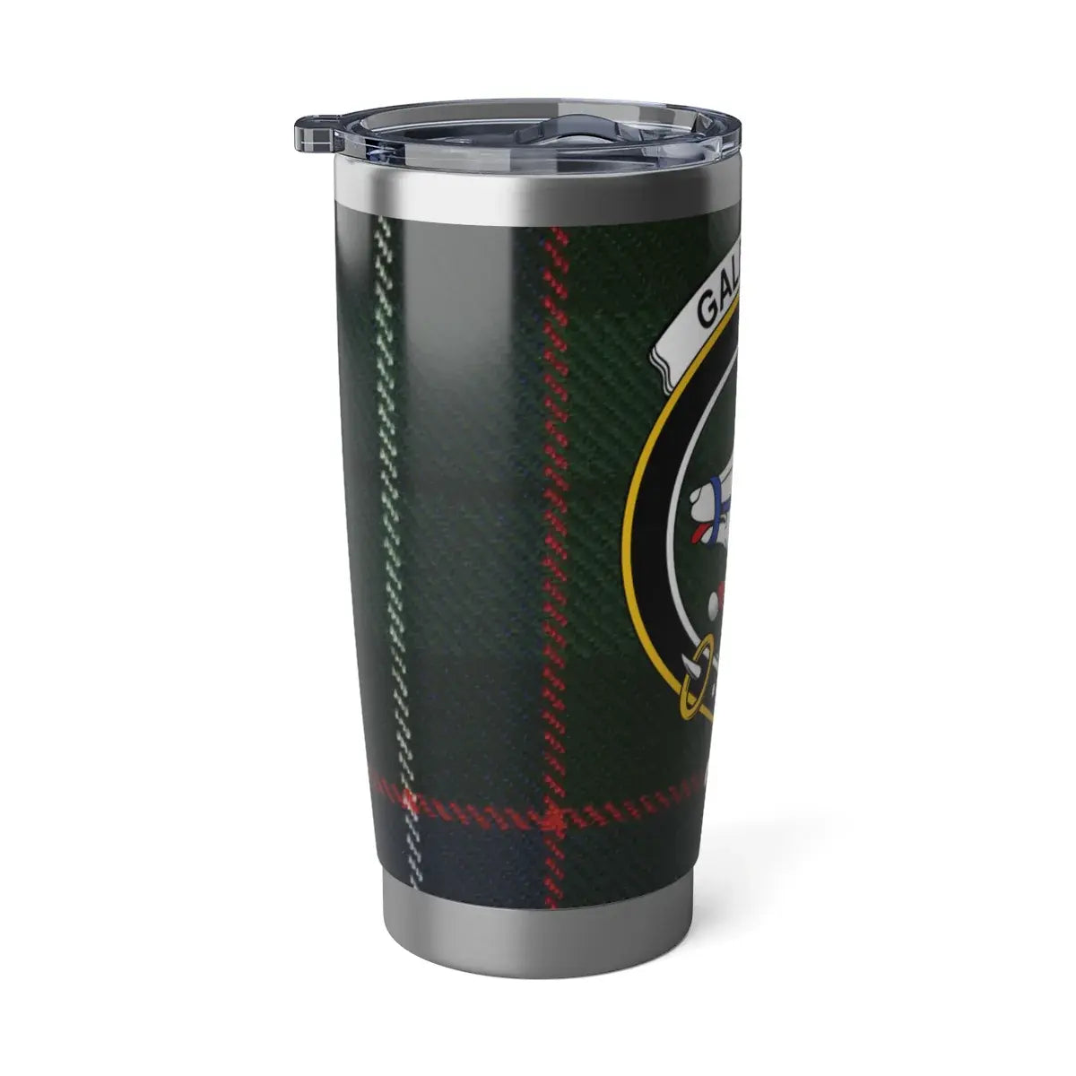 Galbraith crest insulated tumbler — shown in cup holder, 20oz double-wall steel with lid