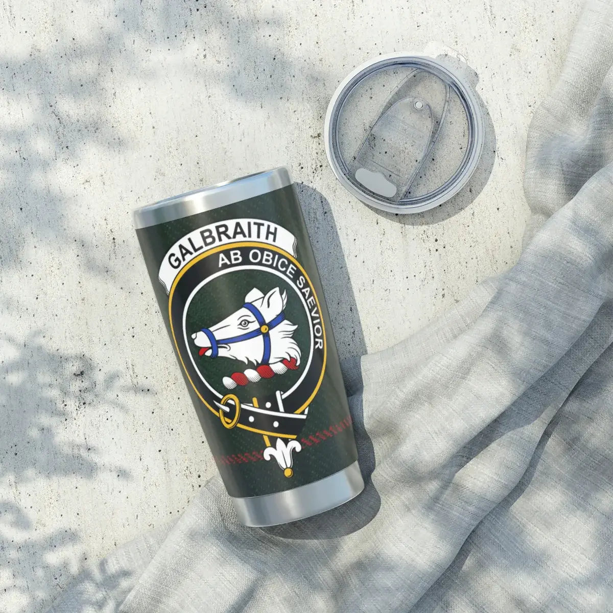 Clan Galbraith tartan tumbler — full-height view of 20oz stainless steel with spill-resistant lid