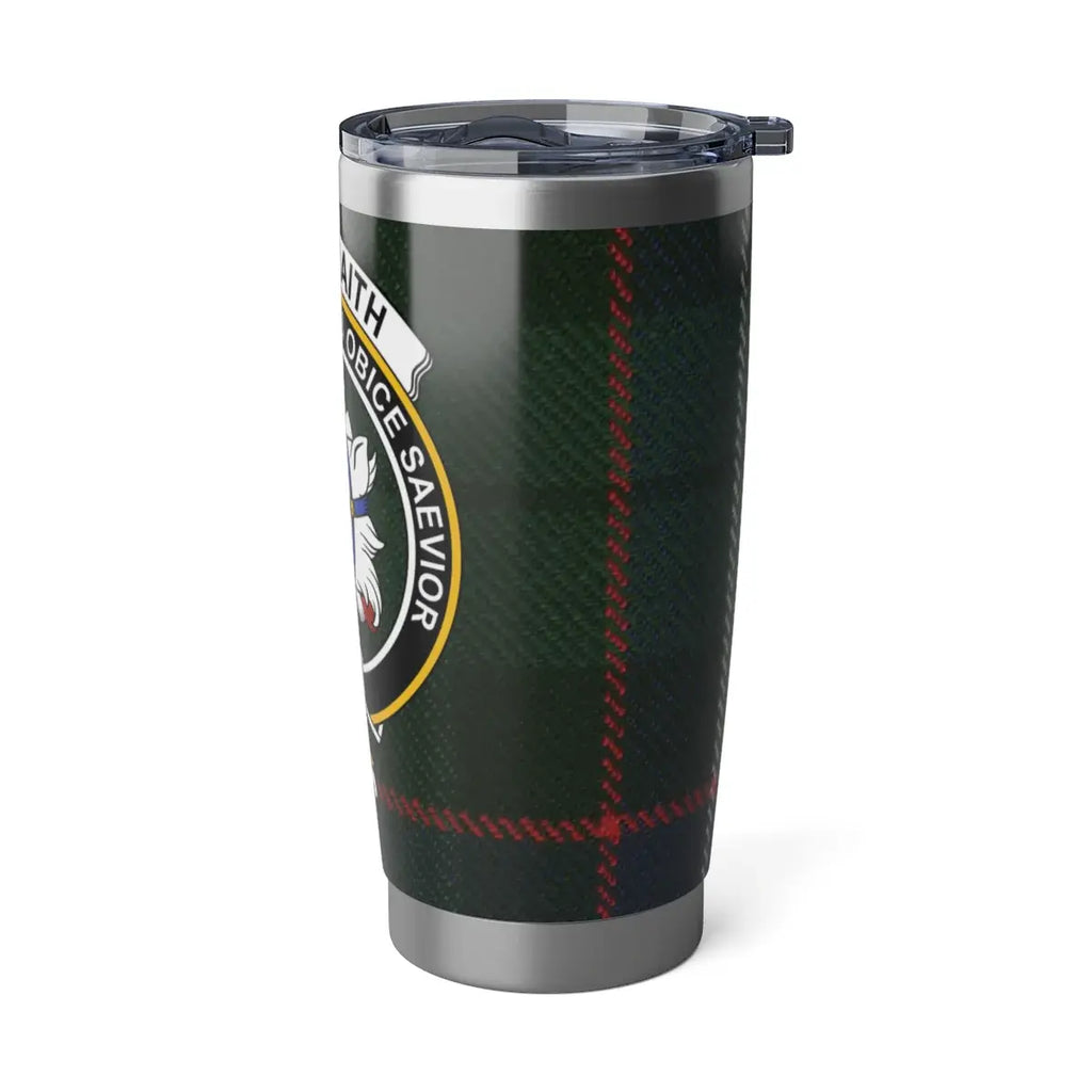 Galbraith clan crest tumbler — 20oz steel body shown from angle, tartan wrap and crest detail