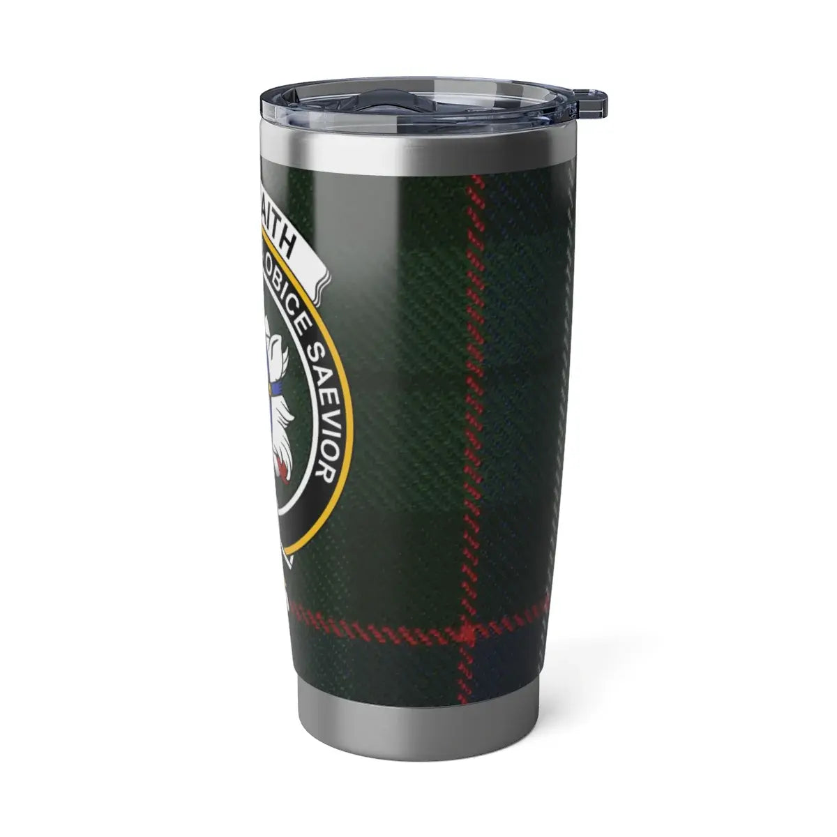Galbraith clan crest tumbler — 20oz steel body shown from angle, tartan wrap and crest detail