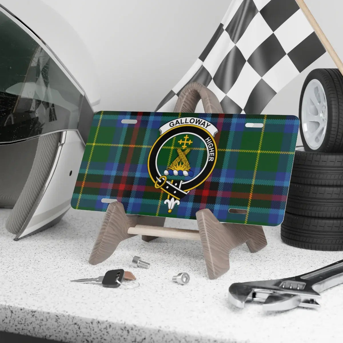 Clan Galloway crest tartan novelty license plate — clan crest and Higher motto on standard 12x6 aluminium