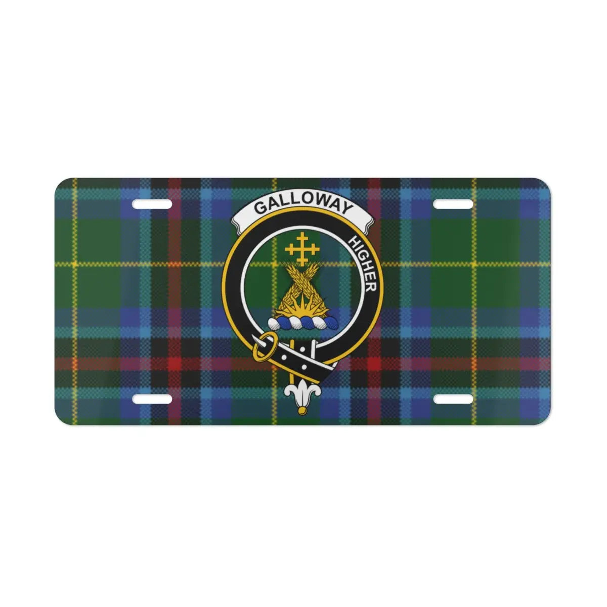 Galloway tartan crest license plate — front view showing clan crest and Higher motto on white aluminium