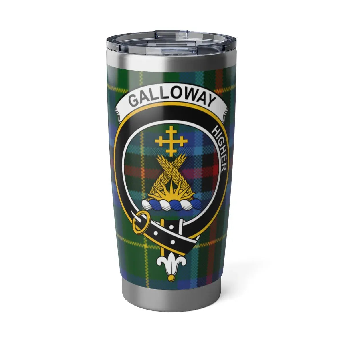 Clan Galloway tartan crest stainless steel tumbler — 20oz insulated with clan crest and Higher motto