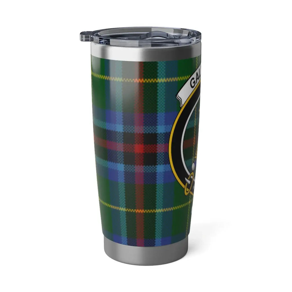 Galloway crest insulated tumbler — shown in cup holder, 20oz double-wall steel with lid