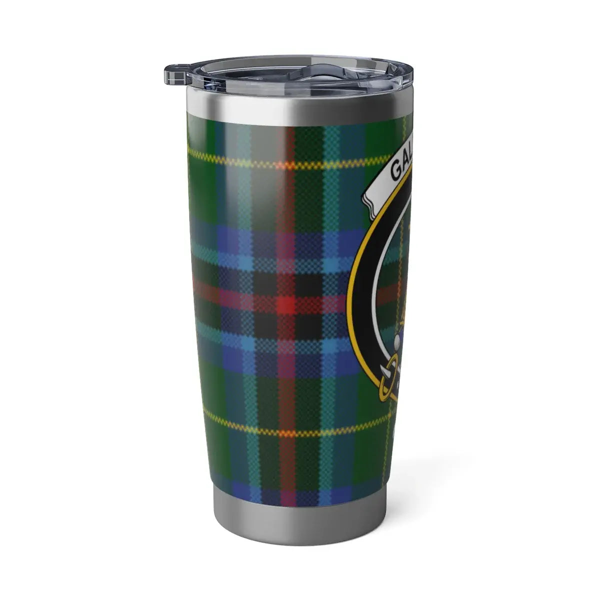 Galloway crest insulated tumbler — shown in cup holder, 20oz double-wall steel with lid