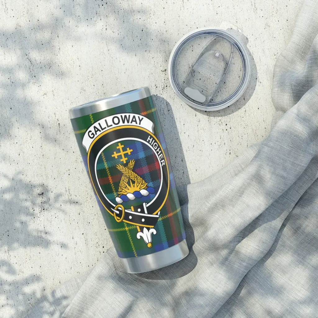 Clan Galloway tartan tumbler — full-height view of 20oz stainless steel with spill-resistant lid
