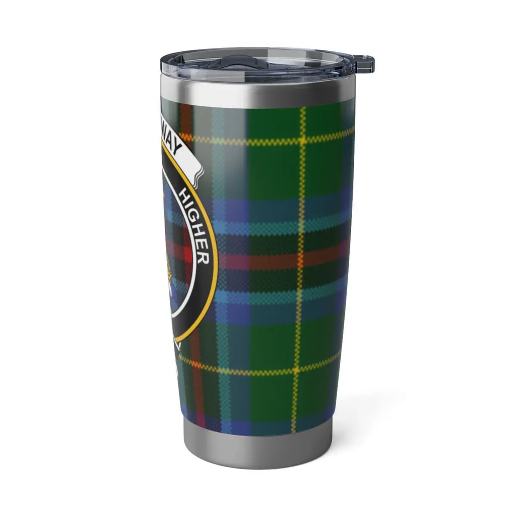 Galloway clan crest tumbler — 20oz steel body from angle, tartan wrap and crest detail visible