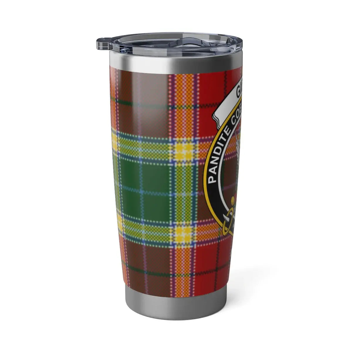 Colorful Plaid Patterned Tumbler with Clan Badge