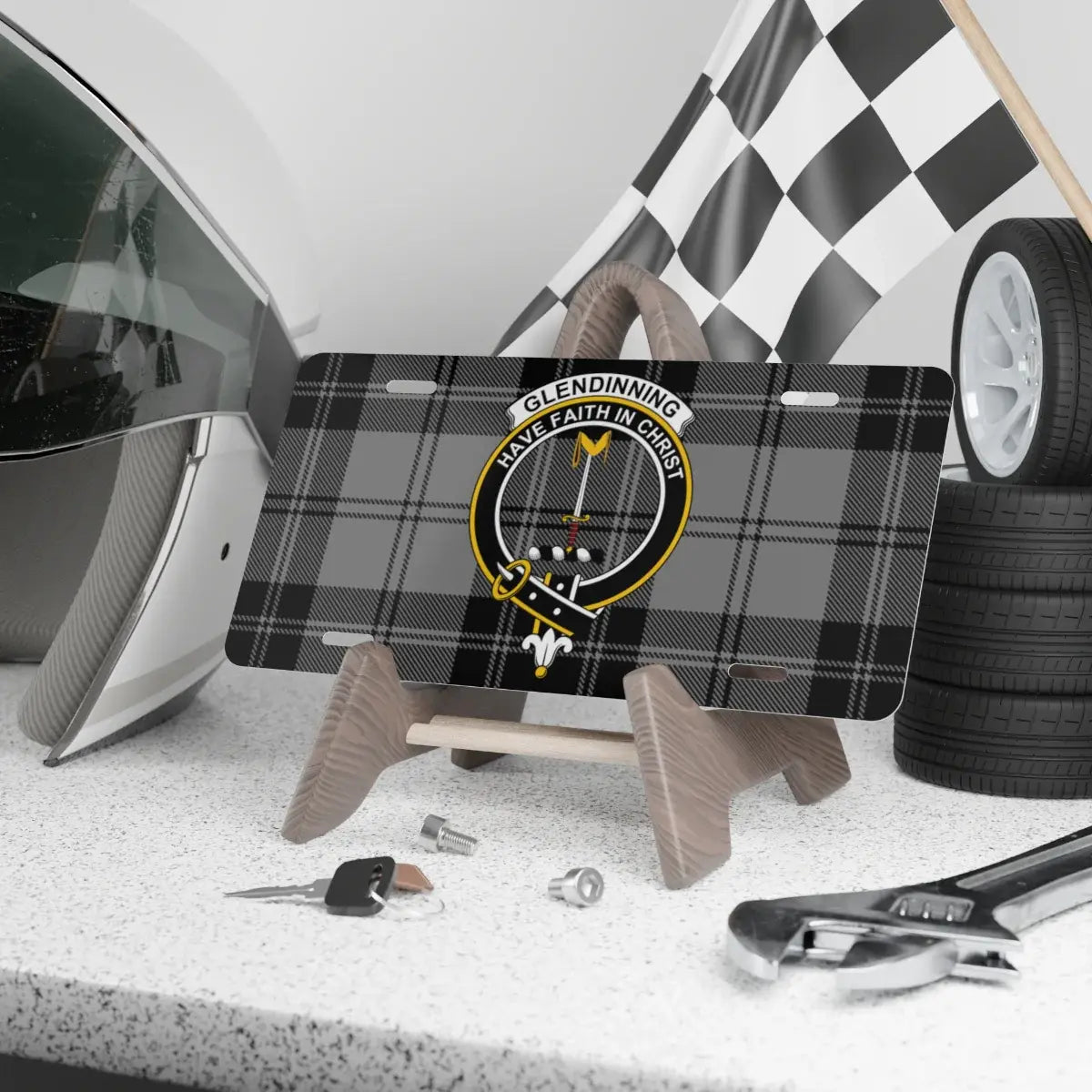 Clan Glendinning crest tartan novelty license plate — clan crest and Have Faith in Christ motto on 12x6 aluminium