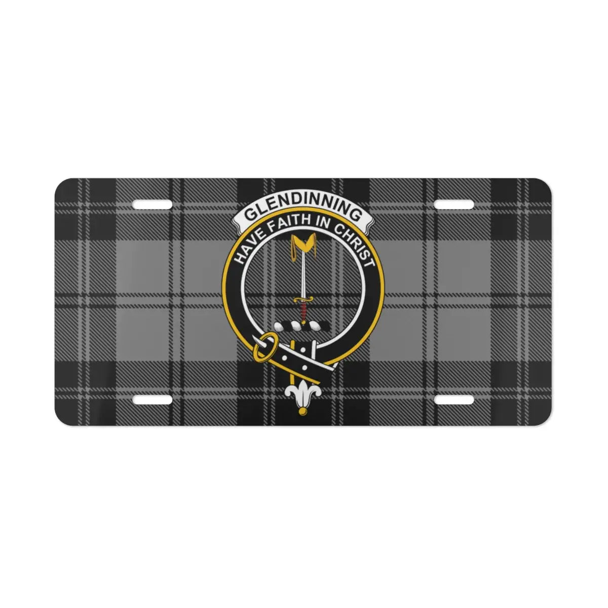 Glendinning tartan crest license plate — front view showing clan crest and motto on white aluminium