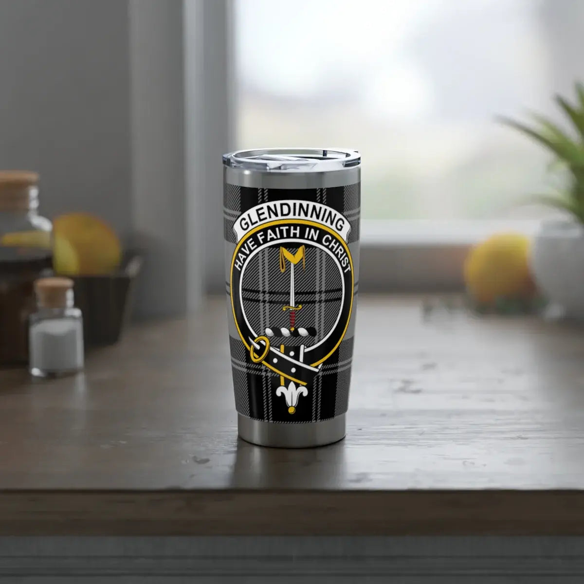 Glendinning clan crest tumbler — side view showing tartan and crest print on 20oz steel body