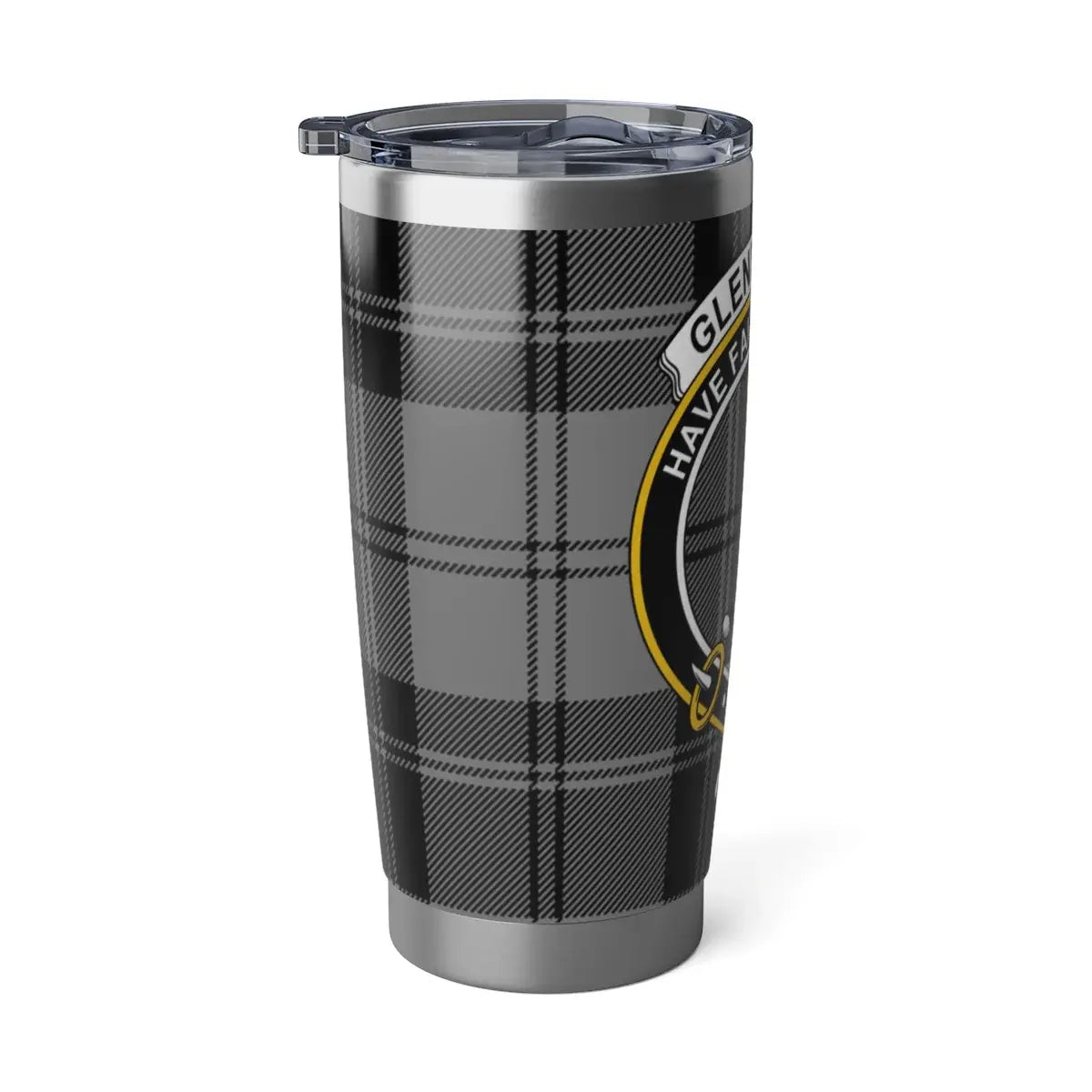 Glendinning crest insulated tumbler — shown in cup holder, 20oz double-wall steel with lid