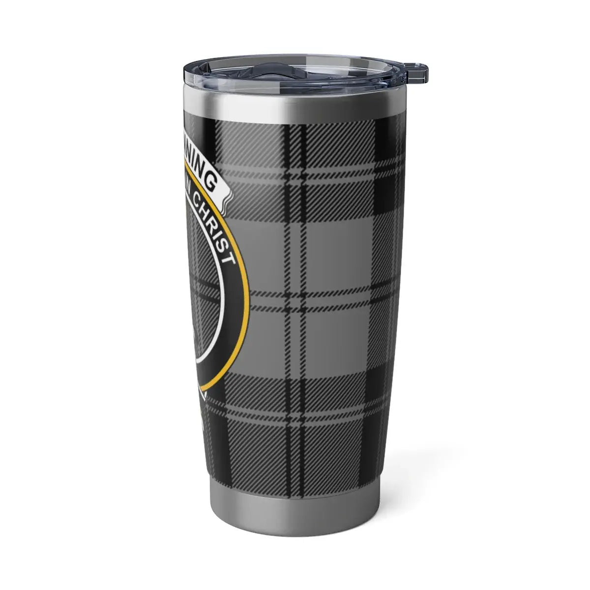 Glendinning clan crest tumbler — 20oz steel body from angle, tartan wrap and crest detail visible
