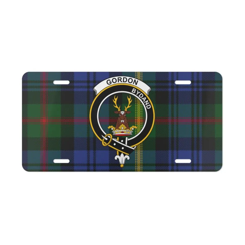 Clan Gordon Scottish tartan stag crest license plate displayed as wall décor — 12x6 inch standard size