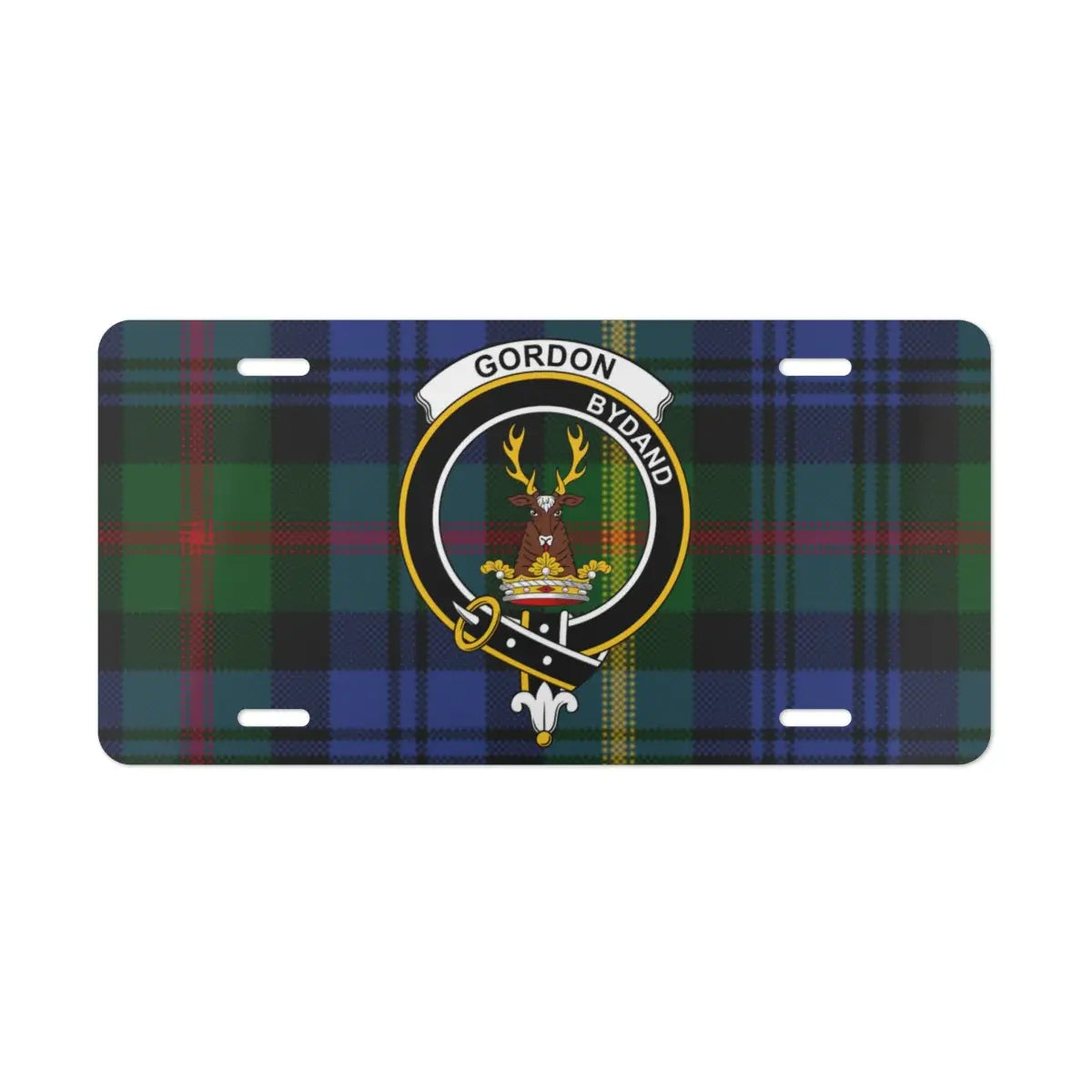 Clan Gordon Scottish tartan stag crest license plate displayed as wall décor — 12x6 inch standard size