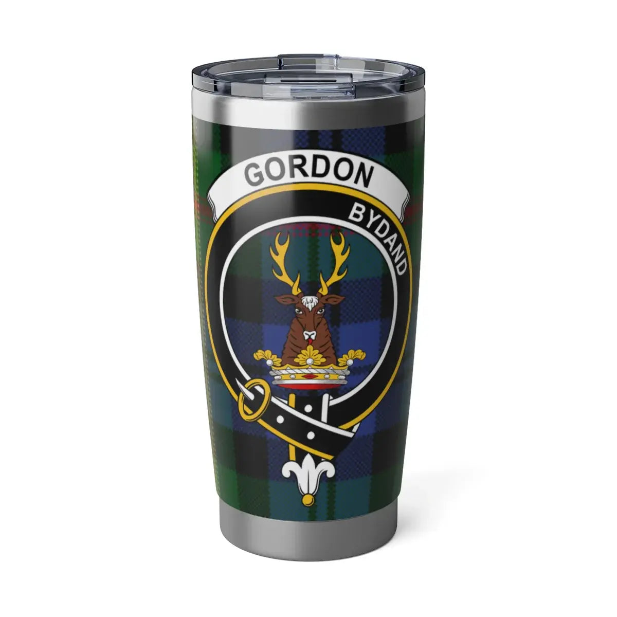 Clan Gordon insulated stainless steel tumbler with tartan crest print — 20oz Scottish heritage drinkware