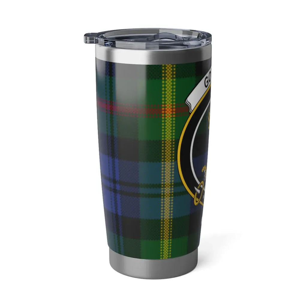 Gordon tartan insulated tumbler with clan crest — double-wall stainless steel travel cup
